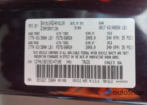 2005 Dodge Ram 1500 Slt/Laramie from USA, damaged, VIN 1D7HU18D15S147109